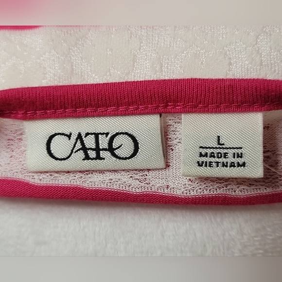 Cato's Pink/White Lace Striped Blouse w/Rose Decor & Shark Hemline, Sz: Large - Picture 5 of 8